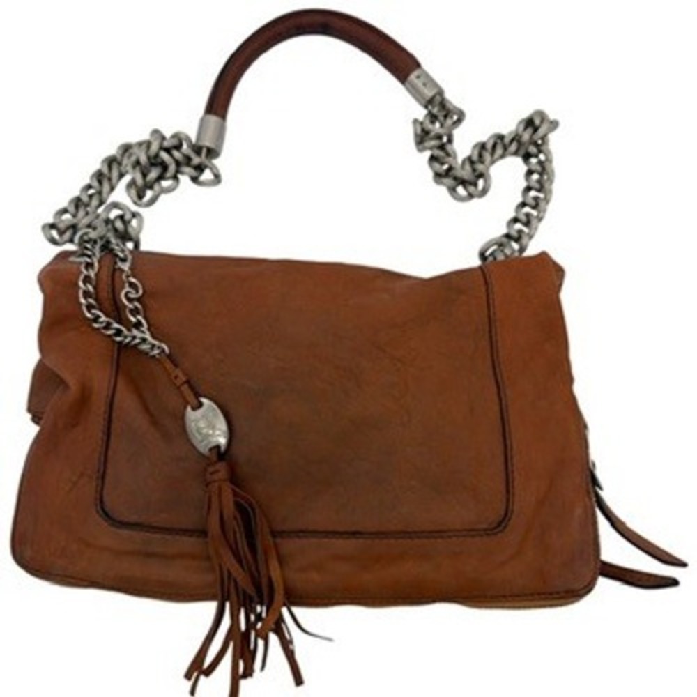 Olivia Harris Cognac Leather Hobo Bag‎ Chain Strap Tassel Zip Top Patina Wear